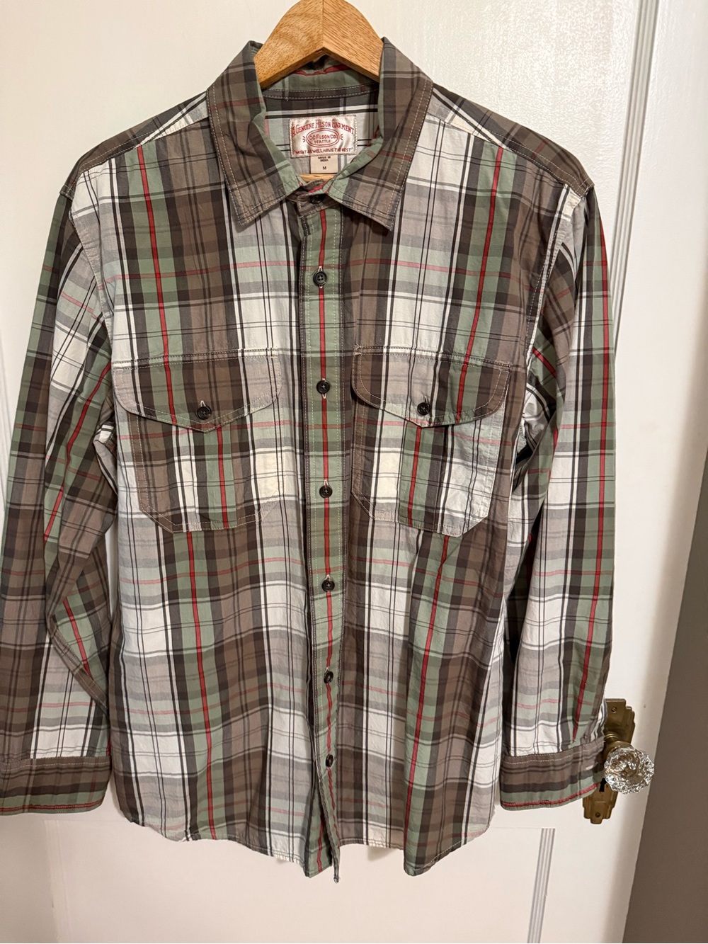Filson Brown, Green and White Plaid Button-Down Shirt